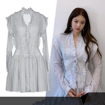 

kpop Korean Celebrity same V-neck white wave point waist dress women Korean summer ruffled long-sleeve dresses female clothes