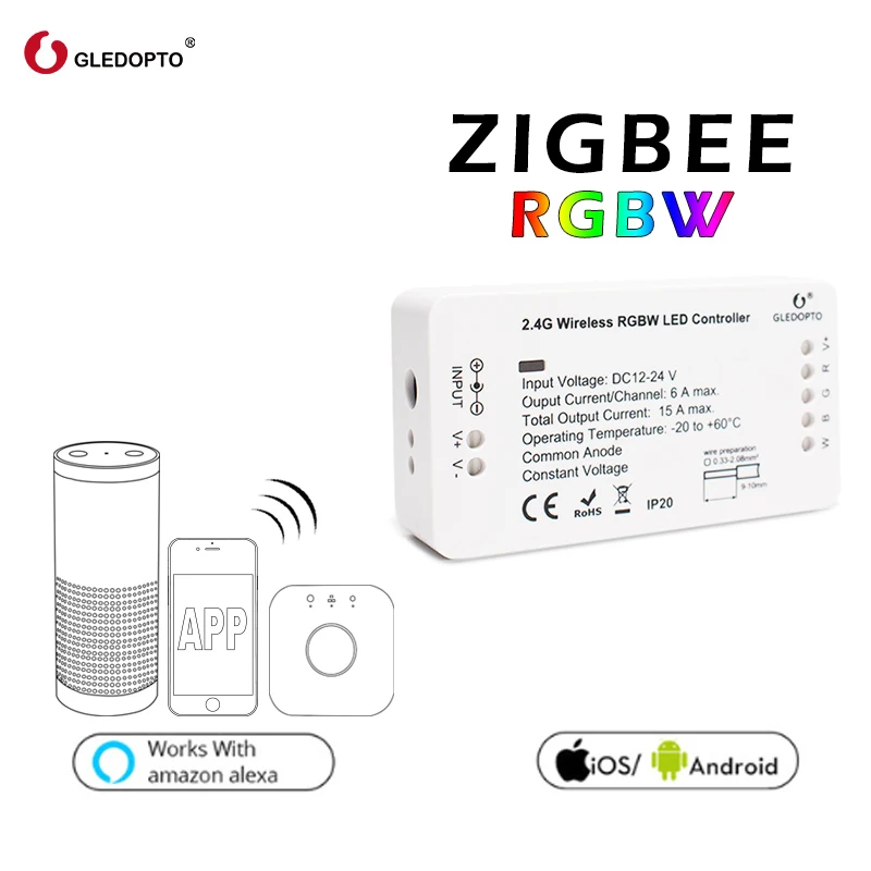 GLEDOPTO Zigbee Zll умный дом DC12V-24V RGBW светильник с затемнением контроллер полосы совместим с ECHO Plus Smartthings Hub СВЕТОДИОДНЫЙ