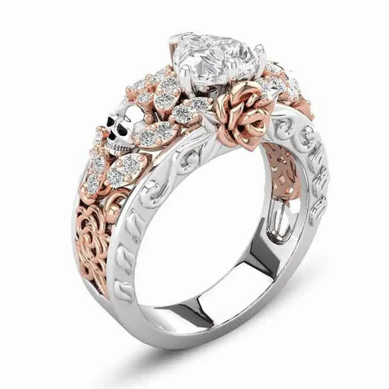 Rose Flower Skull Rings Women Men Punk Skeleton Two-tone Plated Heart Zircon Wedding Finger Ring Halloween Christmas Gift Hot | Украшения и
