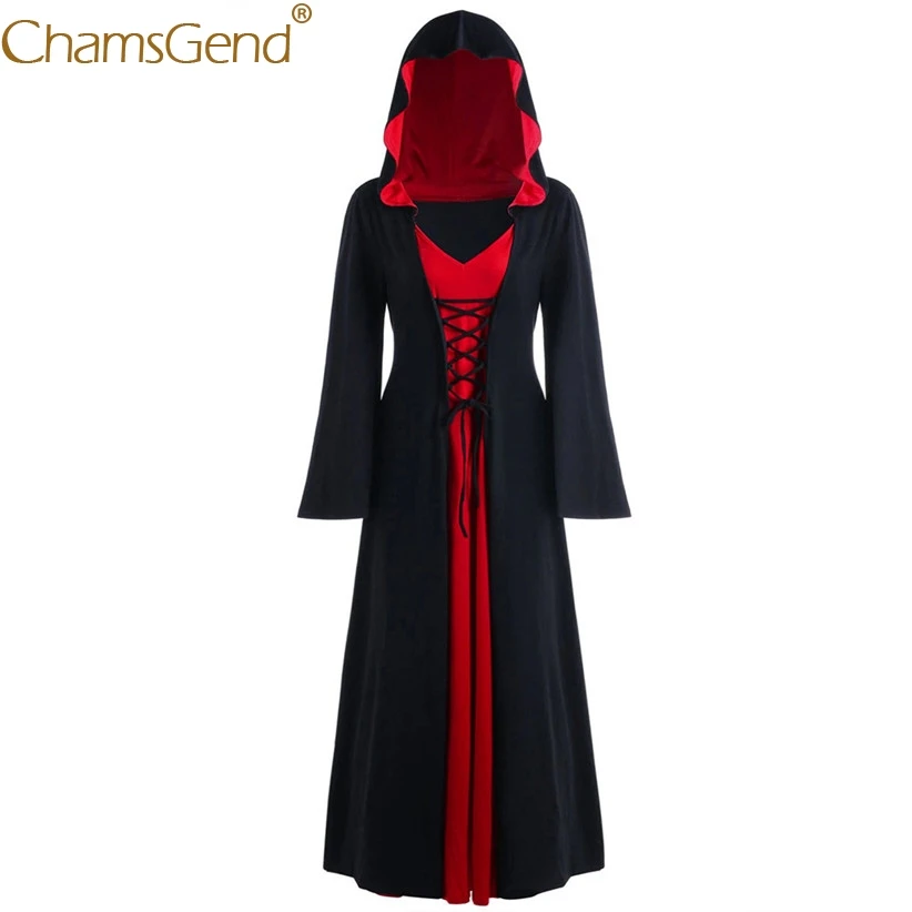 

Free Shipping Women Gothic Hoody Witch Long Dress Crisscross Bandage Cospaly Costume for Halloween Stage Play Show 9822
