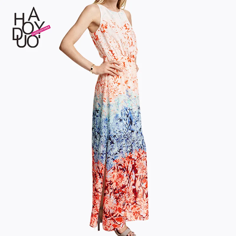 

Haoduoyi Summer WOMEN'S Dress New Style Europe And America Fashion Color Changing Floral-Print Crew Neck High-waisted Long Dress