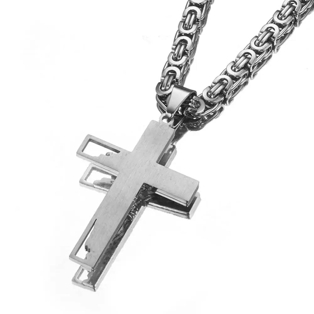 Granny Chic Silver Color Stainless Steel Jesus Crucifix Cross Pendant Necklaces with Byzantine Box Chain 6mm Wide 20-40inch