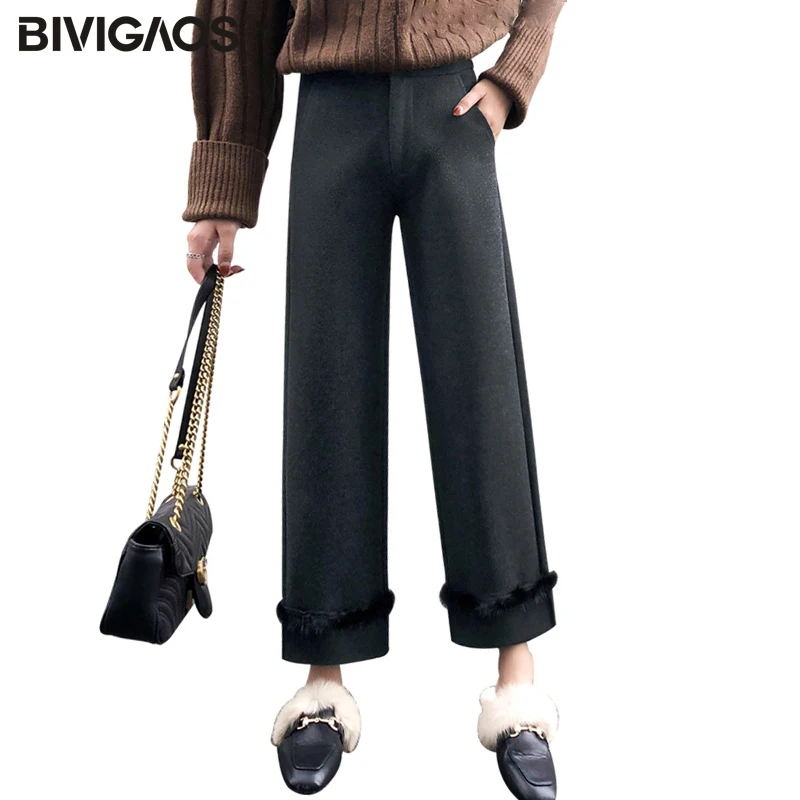 

BIVIGAOS 2019 Autumn Winter New Minimalist Woolen Casual Wide Leg Pants Mink Velvet Hem Women's Cropped Trousers Flared Pants