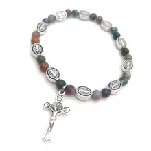 Natural Stone Agate Statue Cross Beads Hand String Strand Bracelet Church Gift Q84D