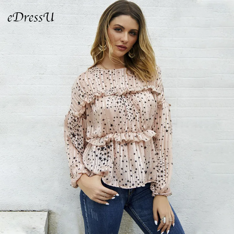 

Women Chiffon Star Shirt O Neck Loose Ruffles Blouse Lady Chic Elegant Casual Pullover Print Tops Long Sleeves Shirt LQ-LXS30