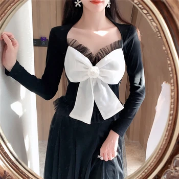 

Sexy Patchwork Bow Women Shirt Mesh Ruffles V Collar Slim Tops Female Clothes 2020 Autumn New Ladies Fall Tshirt on Sale