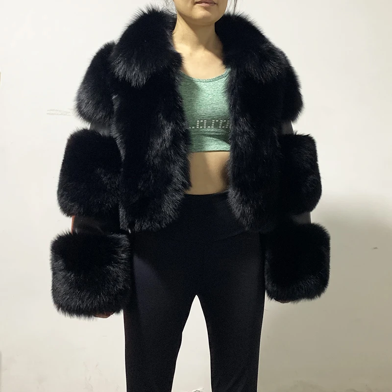 

rf2064 Woman's Real Fox Fur Coat with Genuine Leather Turn Down Collar Purple Fox Fur Jacket