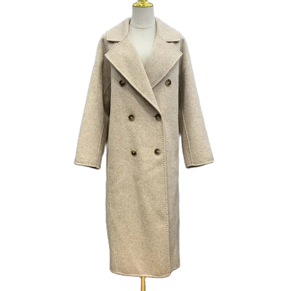 Autumn Office Women Elegant Chic Wool Coats Double Breasted Solid Long ...