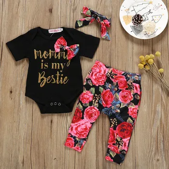 

TELOTUNY Children's clothing (0M-24M) Toddler Kid Baby Boy Girl Short Sleeve Letter Romper+Print Pants+Hairband Outfits Set Jun2