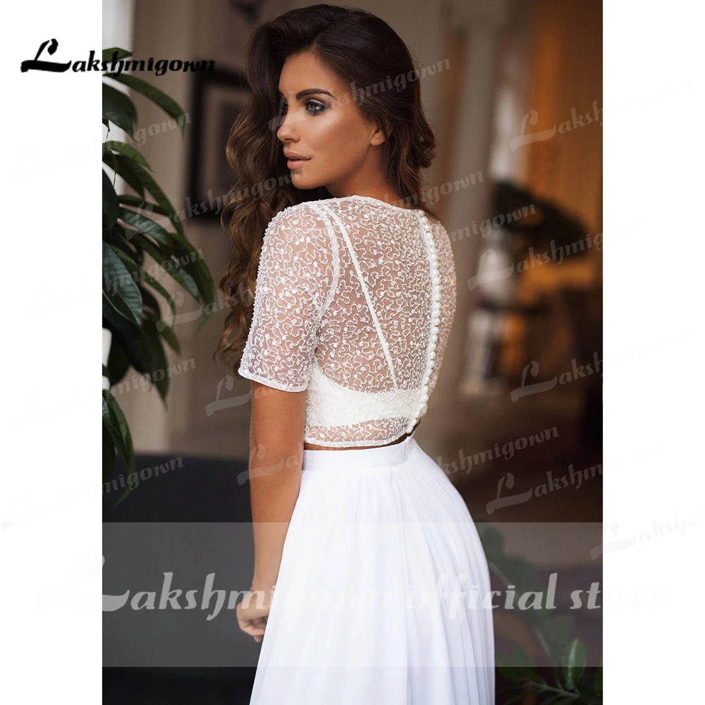 2024 vestidos de boda Two Pieces Short Sleeve O Neck Wedding Dresses Elegant Bling Beads Lace Chiffon robe de soirée Customized 6