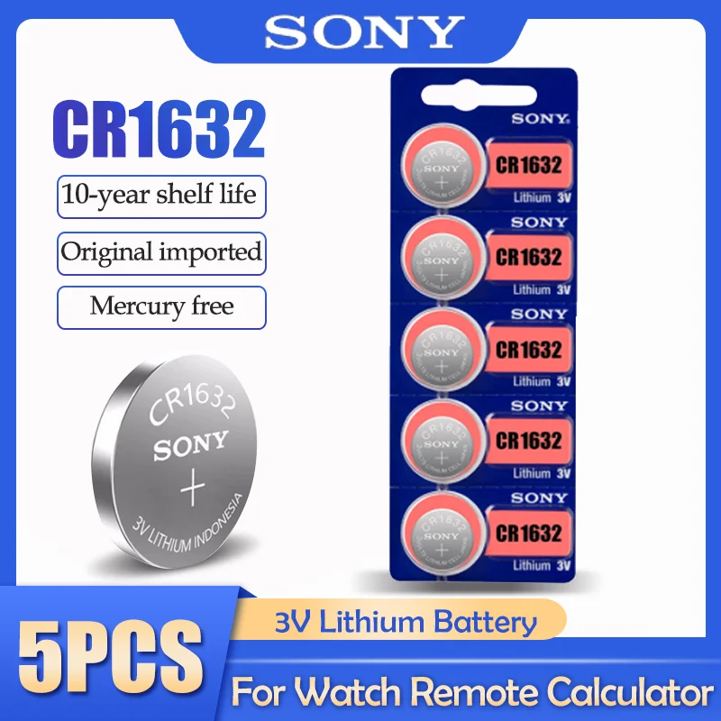 5pcs/lot Sony CR1632 CR 1632 LM1632 BR1632 ECR1632 3V Lithium Battery For Watch Car Key Remote Scale Button Coin Cell Battery