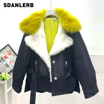 

Yellow Fox Fur Collar Denim Jacket Women 2019 New Winter Long Thick Really Fox Fur Large Fur Collar Lapel Denim Jacket Coat
