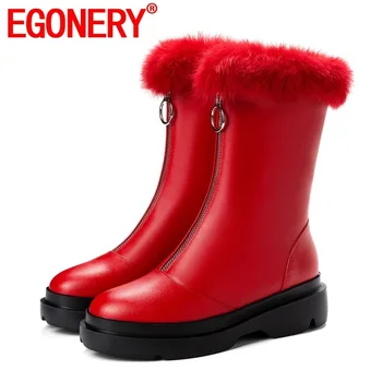 

EGONERY rabbit hair mid-calf boots fashion party wedding women's shoes winter zipper round toe Combat boots cool Motorcycle boot