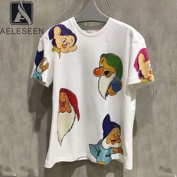 

AELESEEN Summer Casual T-Shirt White Runway New Fashion Cartoon Print Ladies Tee Holiday Women New Arrival T-Shirts