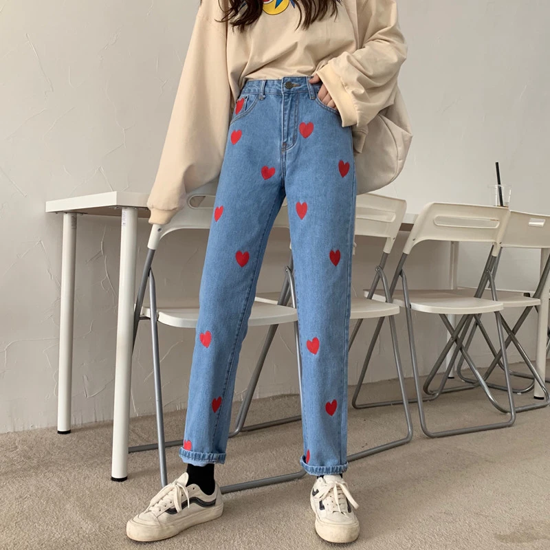 2020 New spring autumn Korean straight jeans women high waist love heart stitching fashion loose denim pants truosers pocket K13 2020 New spring autumn Korean straight jeans women high waist love heart stitching fashion loose denim pants truosers pocket K13
