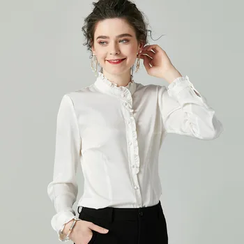 

Shirt White Silk Top Women 2020 Spring New Ladies Ruffle Collar Long sleeve Solid Color Single Breasted Slim Tops Female S-XL