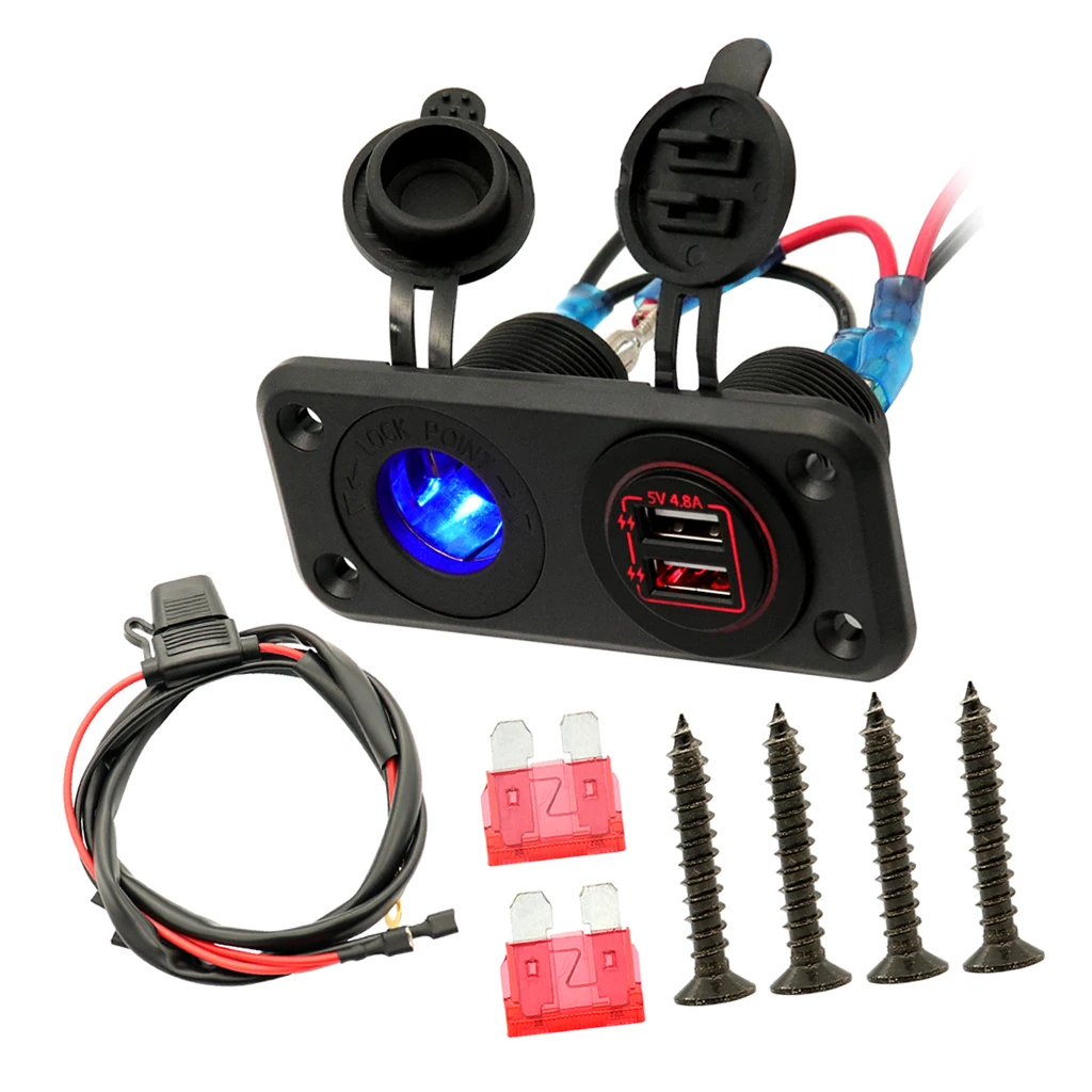 Car Charger 12V/24V Waterproof Dual USB Fast Charger Socket Power Outlet for Marine, Boat, Motorcycle, Truck, Red Lights Color
