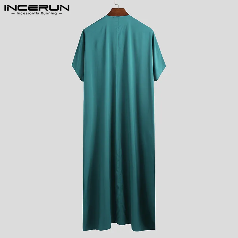 INCERUN Men Islamic Arabic Kaftan Short Sleeve Solid Loose Abaya Robes Saudi Arabia Middle East Jubba Thobe Muslim Clothing 5XL