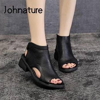 

Johnature Women Sandals Hook & Loop Genuine Leather Women Shoes Retro Sewing 2020 New Summer Casual Handmade Ladies Sandals