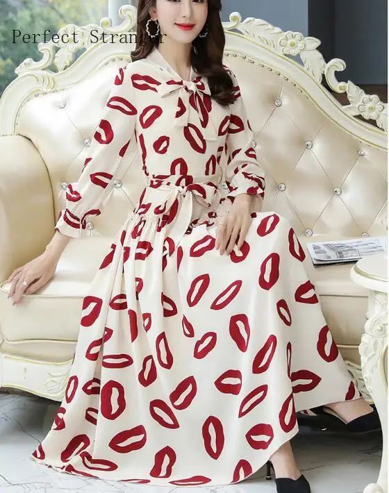 2021 SpringNew Arrival Elegant Bow Collar Lip Print Collect Waist Long Sleve M-3XL Woman Chiffon Dress | Женская одежда