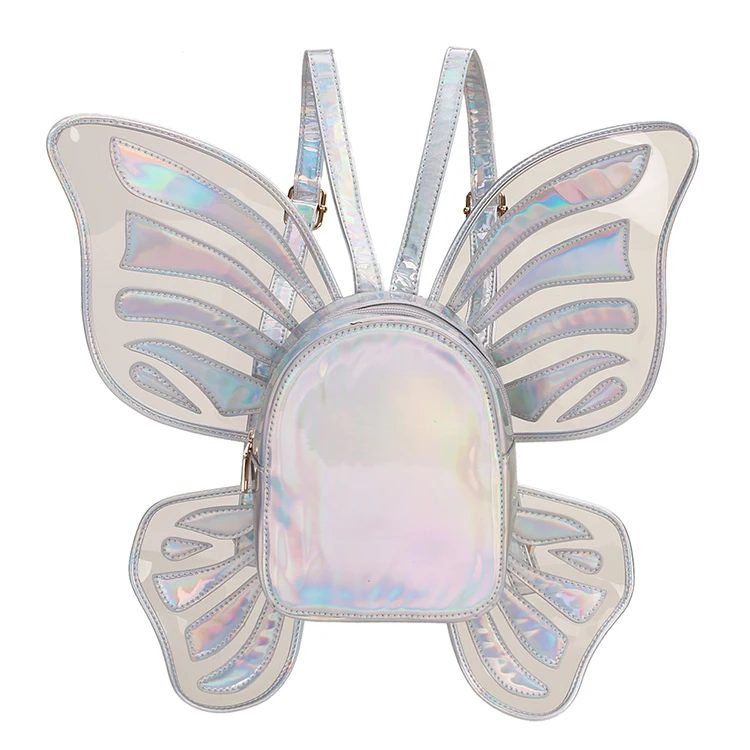 Fashion Women's Laser Holographic Leather Mini Backpack Butterfly Angel Wings Daypack for Girls Travel Casual Daypack School Bag