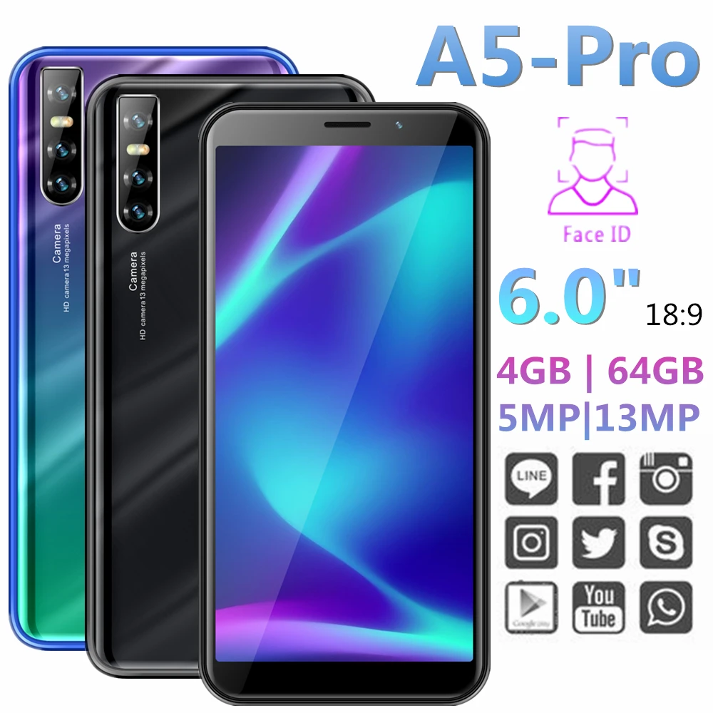 Оригинальные Сотовые телефоны A5 Pro, мобильные телефоны, 4 Гб ОЗУ, 64 Гб ПЗУ, 6,0 дюймов, 18:9 экран, 13 МП, Android, разблокированные телефоны, смартфоны