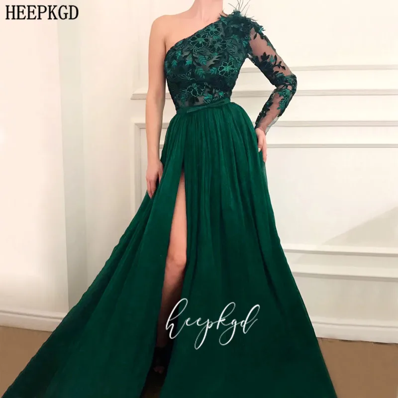 

Robe De Soiree 2020 Elegant Green Long Sleeve Evening Dress One Shoulder High Slit Sexy Lace Women Party Dresses Customize