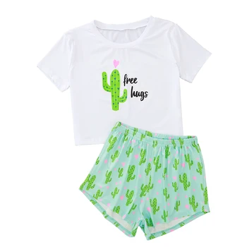 

Women Pajamas Set Short Sleeve Pullover and Shorts 2 Piece Set Cactus Print Pijamas Summer Home Wear