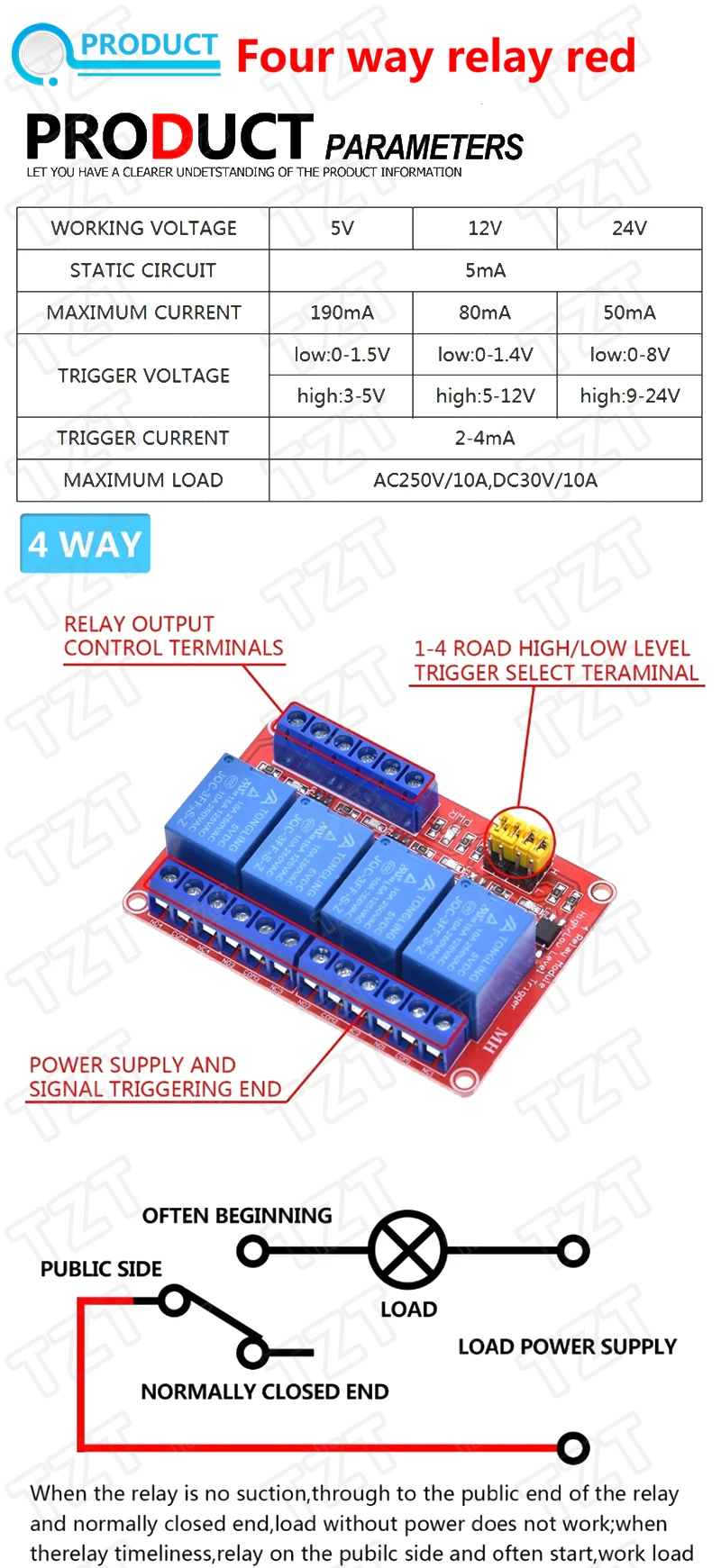 Hoch-/Niederpegel-Trigger-Relaismodul TZT 1/2/4/6/8 Kanal 5V 12V 24V Heimsteuerungsmodul, mit Optokoppler-Isolationsausgang – Detail 4