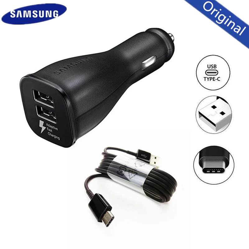 Автомобильное зарядное устройство Samsung с двумя USB-портами и кабелем Micro/Type C для