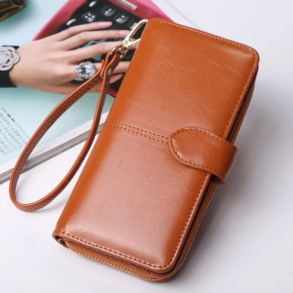 ACELURE Solid Color Women Long Wallets Simple Style Zipper& Hasp Purse With Card Holder Oil Wax Pu Leather Ladies Daily Wallet - Цвет: Brown