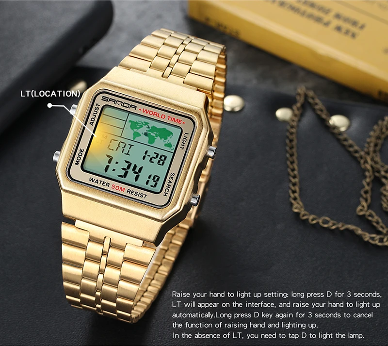 Sanda мужские деловые цифровые часы с будильником карта мира Мода 50 м водонепроницаемый стальной ремешок мужские электронные часы для мужчин