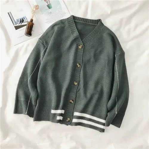 Dark Gray Neploe/Женская просторная вязаная кофта Осенняя новая Корейская однобортная трикотажная куртка с длинными рукавами с v-образным вырезом в полоску 54038 - Цвет: Dark Gray
