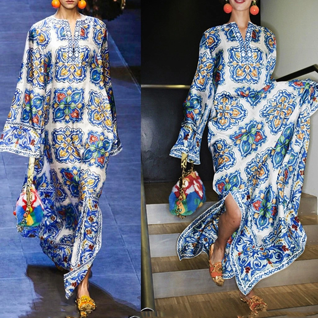 

Women's V Neck Floral Printed Flare Sleeve Split Bohemia Beach Long Swing Dress