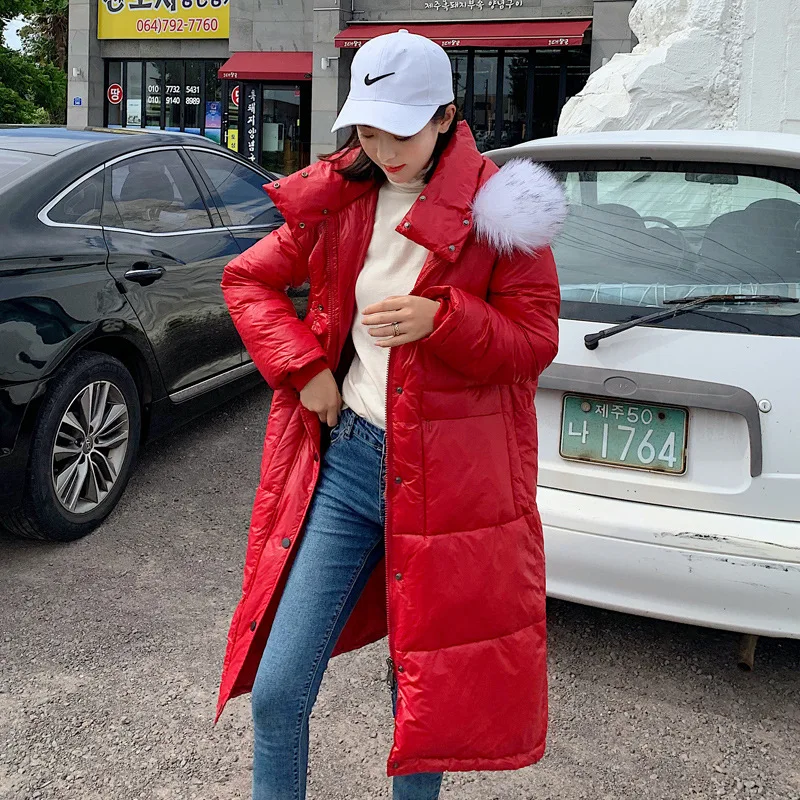 Photo Shoot New Style down Jacket Women's Long Cold Bright Surface Cotton Coat Thick Large Size Versitile Fashion Cotton Coat Fa
