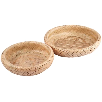 

Storage Basket Fruit Plate Bamboo Handmade Storage Basket Kitchen Food Picnic Bread Home Decoration Storage 2 Sets (L, S)
