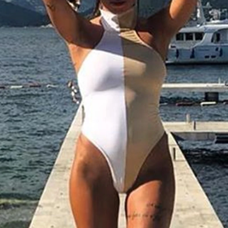 High leg bodysuits one-piece swimwear female Patchwork bikini Sexy swimsuit women summer bathers Neon high neck monokini