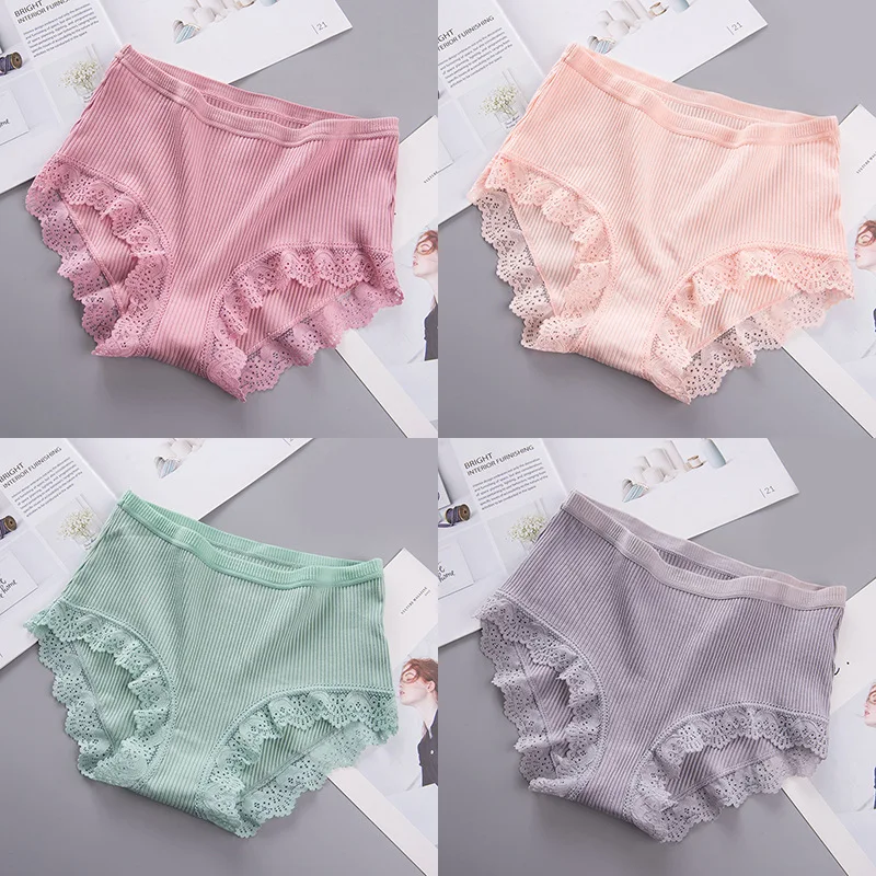 

BIIGGXX [100-140 Kg] Japanese-style Threaded Cotton Midloin Briefs for Women with Lace Edge and Large Size