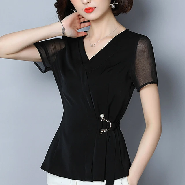 Blusa tops mujer 2020, camisas negras, blusas de talla grande, tops para blusa de Chifón con lentejuelas, cuello en V sólido 2882 50 - AliExpress