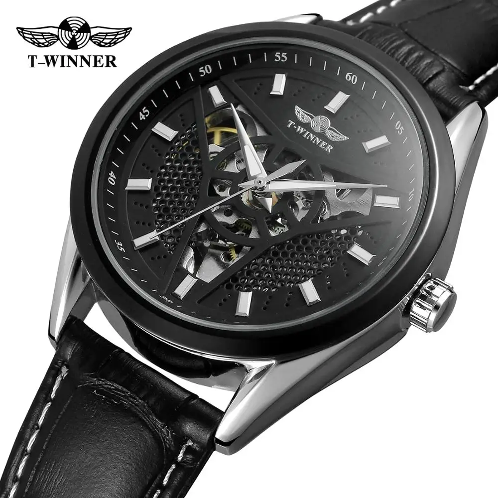 

Winner Brand Automatic Men Sport Watch Creative Wheel Design Silver Skeleton Punk Mechanical Leather Wrist Watches Relogio Homme