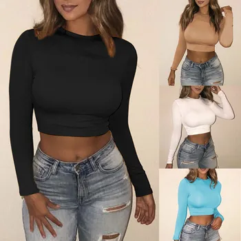 

Women T-Shirt Long Sleeve Women T-Shirts Harajuku Exposure Solid Sexy Clothes Turtleneck Basic Short T-Shirts Femme