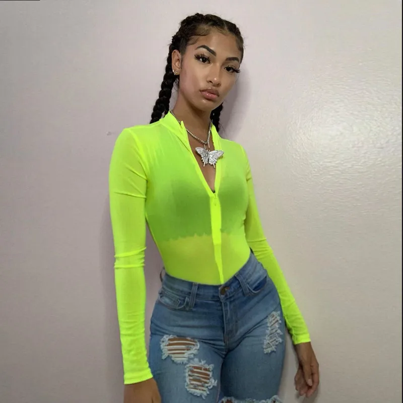 Long Sleeve Women Bodysuit Sexy Clubwear 2019 New Autumn Female Zip Up Mesh Sheer See-through Bodysuit Women Clothes Neon Green corset bodysuit