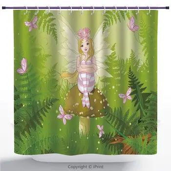 

Soft Fabric Shower Curtain/Nursery,Magic Fairy Girl with Floral Hairstyle in Green Forest Butterflies,Green Pale Brown/Fabric