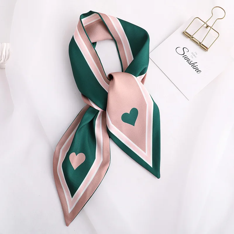 Sweet Love Print Women Small Silk Scarf Handle Bag Ribbons Female Head Scarves Sharp angle Green 90*10cm