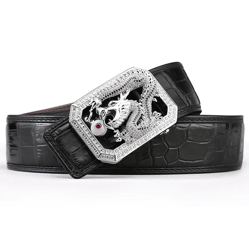 McParko Crocodile Belt Mens Leather Belts With Buckle Luxury Animal Design Genuine Leather Waist Belt with rhinestones Buckle - Цвет: Loong Black