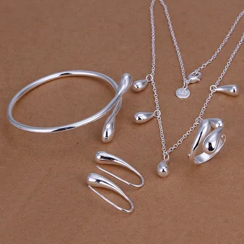 

4pcs/set New Silver Plated Water Drop Bracelets Necklace Rings Earrings Jewelry Set for Women LL@17