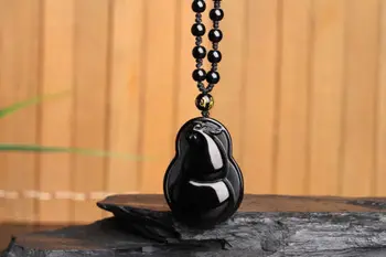 

christmas Chinese Natural Black Obsidian Hand-Carved Gourd Style Auspicious Pendant halloween