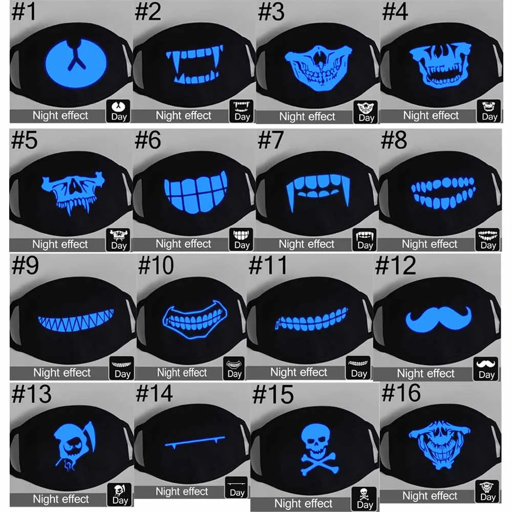 1 шт. светящаяся хлопковая унисекс маска против пыли черная маска для рта с синим принтом зубов вампира для мужчин, женщин, мальчиков и девочек