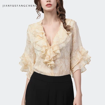 

Fashion V-neck Chiffon Floral Blouse Women Short Sleeve Ruffles Summer Tops Loose Plus Size 4XL Light Color Ladies Casual Tops