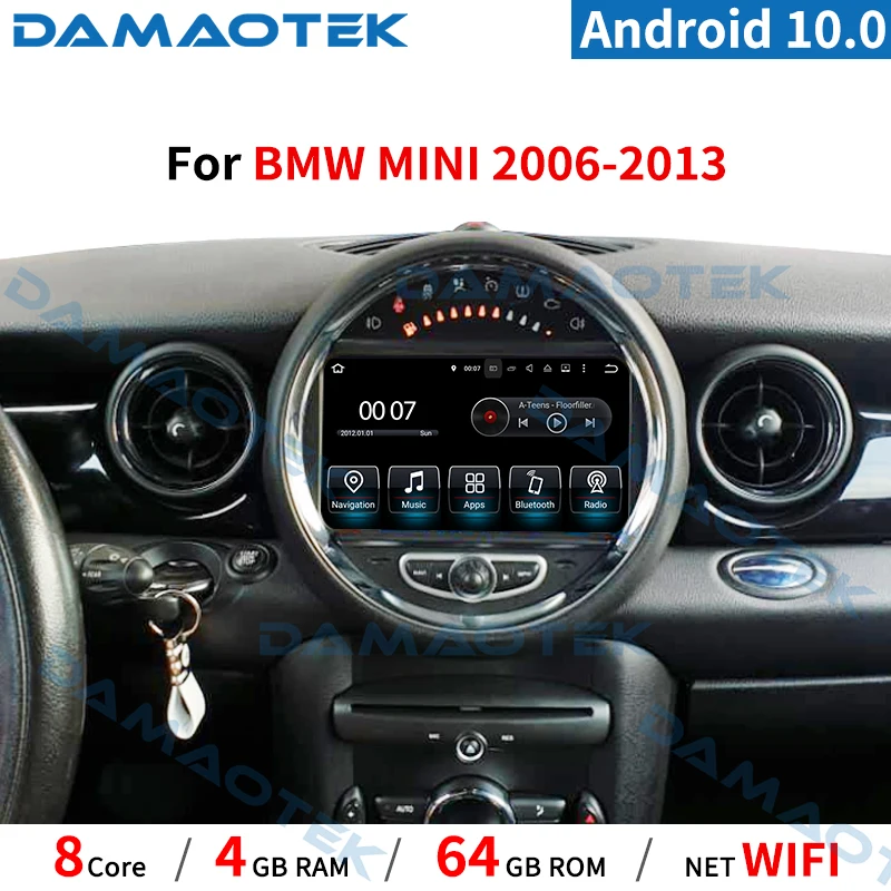 Мультимедийный беспроводной плеер DamaoTek 8 дюймов Android 10 0 для BMW Mini Cooper 2006-2013 Черный
